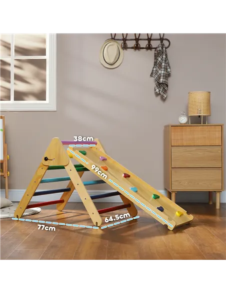 AIYAPLAY Toddler Climbing Frame for Kids, with Ramp, 3-in-1 Wooden Pikler Triangle Set for 18-48 Months, Multicolour