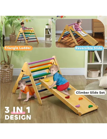 AIYAPLAY Toddler Climbing Frame for Kids, with Ramp, 3-in-1 Wooden Pikler Triangle Set for 18-48 Months, Multicolour