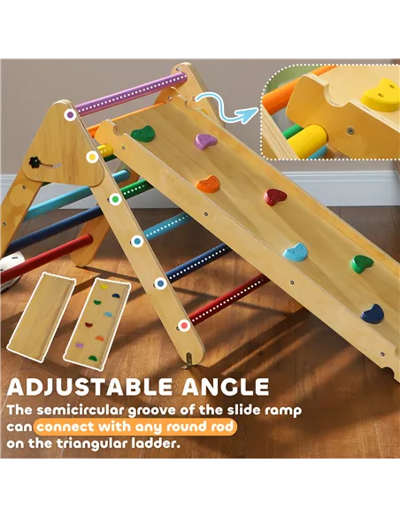 AIYAPLAY Toddler Climbing Frame for Kids, with Ramp, 3-in-1 Wooden Pikler Triangle Set for 18-48 Months, Multicolour