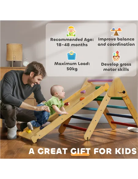 AIYAPLAY Toddler Climbing Frame for Kids, with Ramp, 3-in-1 Wooden Pikler Triangle Set for 18-48 Months, Multicolour