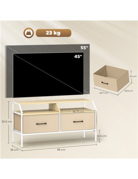HOMCOM TV Stand Cabinet, TV Unit for 55-inch TVs with 2 Foldable Fabric Drawers, 5 Divided Side Pockets, Open Shelves, Console T