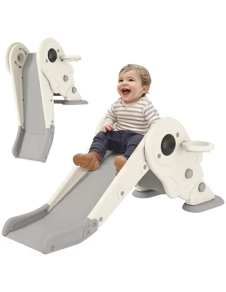 AIYAPLAY 3-in-1 Kids Slide with Basketball Hoop, Climber, Anti-Slip Steps for Toddlers, Ages 2-5 Years, Cream White