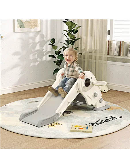 AIYAPLAY 3-in-1 Kids Slide with Basketball Hoop, Climber, Anti-Slip Steps for Toddlers, Ages 2-5 Years, Cream White