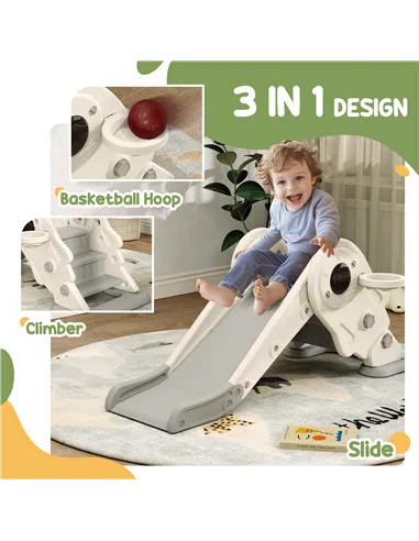 AIYAPLAY 3-in-1 Kids Slide with Basketball Hoop, Climber, Anti-Slip Steps for Toddlers, Ages 2-5 Years, Cream White