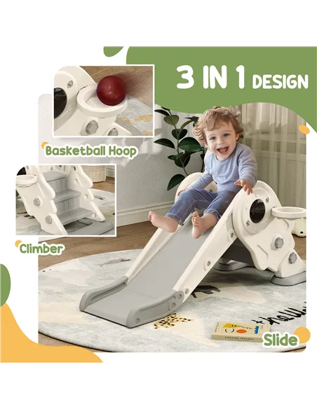 AIYAPLAY 3-in-1 Kids Slide with Basketball Hoop, Climber, Anti-Slip Steps for Toddlers, Ages 2-5 Years, Cream White