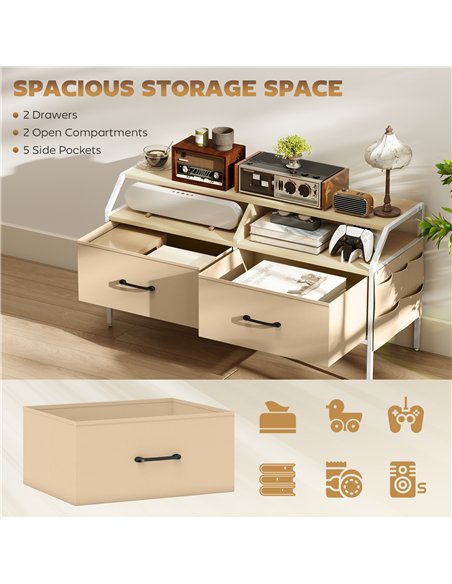 HOMCOM TV Stand Cabinet, TV Unit for 55-inch TVs with 2 Foldable Fabric Drawers, 5 Divided Side Pockets, Open Shelves, Console T