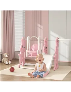 AIYAPLAY 4 in 1 Kids Slide and Swing Set with Climber, Basketball Hoop, Rabbit-Themed, Pink 2