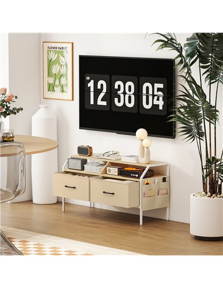 HOMCOM TV Stand Cabinet, TV Unit for 55-inch TVs with 2 Foldable Fabric Drawers, 5 Divided Side Pockets, Open Shelves, Console T