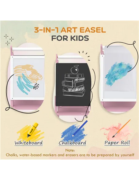 AIYAPLAY Three-In-One Easel for Kids, with Paper Roll, Adjustable Height - Pink