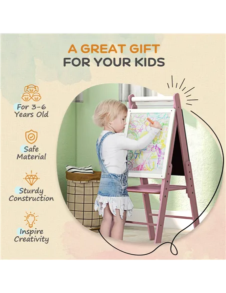 AIYAPLAY Three-In-One Easel for Kids, with Paper Roll, Adjustable Height - Pink