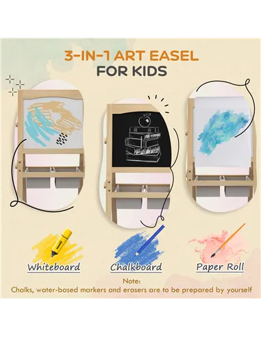 AIYAPLAY Kids Easel with Paper Roll, 3 in 1 Art Easel for Toddlers, Double-Sided Kids Whiteboard Blackboard with Storage Baskets