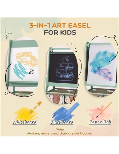 AIYAPLAY Three-In-One Kids Easel with Paper Roll, Art Easel, with Storage - Green