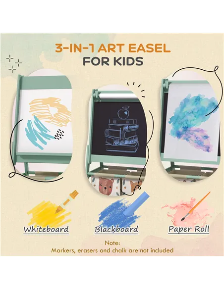 AIYAPLAY Three-In-One Kids Easel with Paper Roll, Art Easel, with Storage - Green