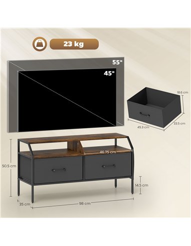 HOMCOM TV Stand Cabinet, TV Unit for 55-inch TVs with 2 Foldable Fabric Drawers, 5 Divided Side Pockets, Open Shelves, Console T