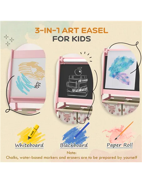AIYAPLAY Three-In-One Kids Easel with Paper Roll, Art Easel, with Storage - Pink