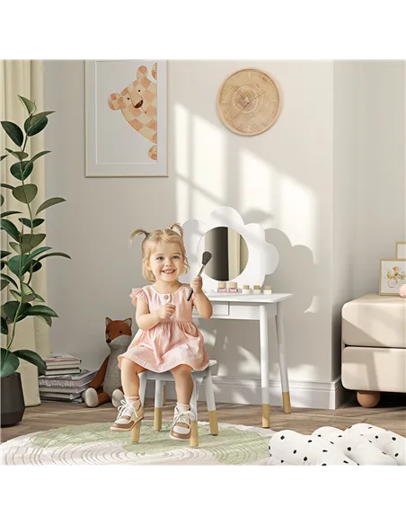 AIYAPLAY Kids Dressing Table with Mirror, Stool, Drawer, Cloud Design, White