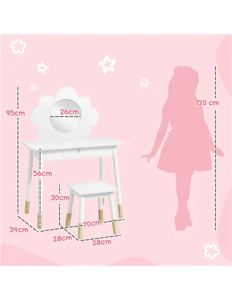 AIYAPLAY Kids Dressing Table with Mirror, Stool, Drawer, Cloud Design, White