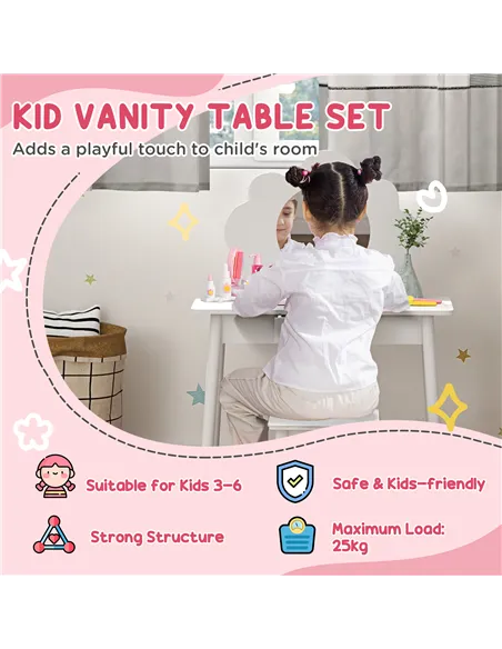 AIYAPLAY Kids Dressing Table with Mirror, Stool, Drawer, Cloud Design, White