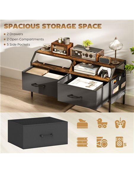 HOMCOM TV Stand Cabinet, TV Unit for 55-inch TVs with 2 Foldable Fabric Drawers, 5 Divided Side Pockets, Open Shelves, Console T
