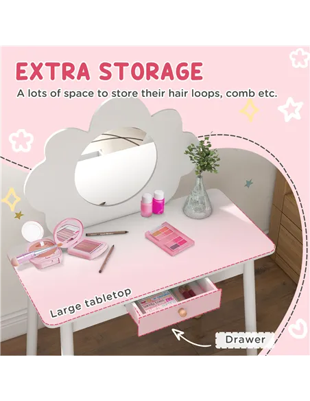 AIYAPLAY Kids Dressing Table with Mirror, Stool, Drawer, Cloud Design, White