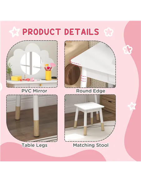 AIYAPLAY Kids Dressing Table with Mirror, Stool, Drawer, Cloud Design, White