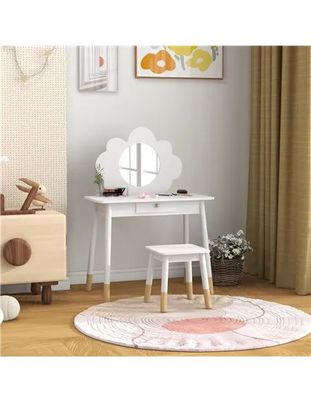 AIYAPLAY Kids Dressing Table with Mirror, Stool, Drawer, Cloud Design, White