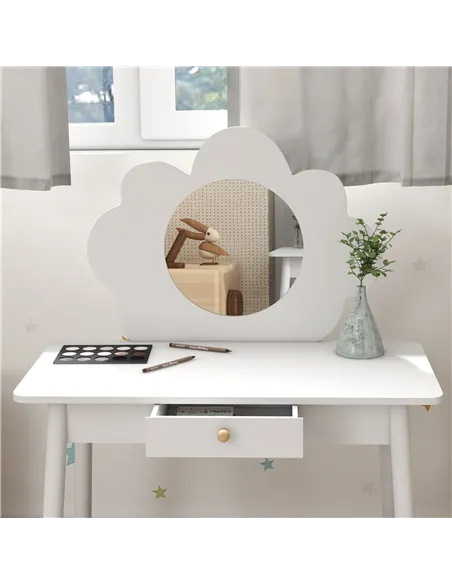 AIYAPLAY Kids Dressing Table with Mirror, Stool, Drawer, Cloud Design, White