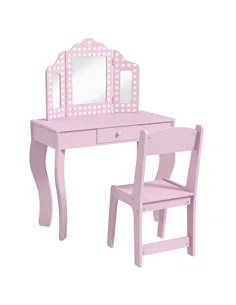 AIYAPLAY Kids Dressing Table Sets with Stool and Tri-Fold Mirror, Drawer for Playroom, Bedroom - Pink