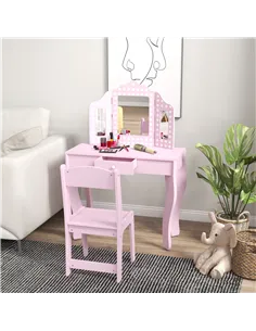 AIYAPLAY Kids Dressing Table Sets with Stool and Tri-Fold Mirror, Drawer for Playroom, Bedroom - Pink 2
