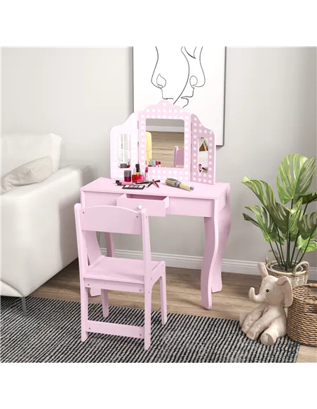 AIYAPLAY Kids Dressing Table Sets with Stool and Tri-Fold Mirror, Drawer for Playroom, Bedroom - Pink