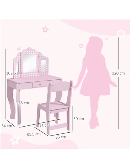 AIYAPLAY Kids Dressing Table Sets with Stool and Tri-Fold Mirror, Drawer for Playroom, Bedroom - Pink