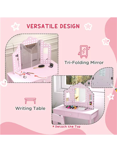 AIYAPLAY Kids Dressing Table Sets with Stool and Tri-Fold Mirror, Drawer for Playroom, Bedroom - Pink