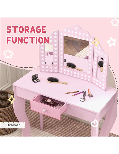 AIYAPLAY Kids Dressing Table Sets with Stool and Tri-Fold Mirror, Drawer for Playroom, Bedroom - Pink