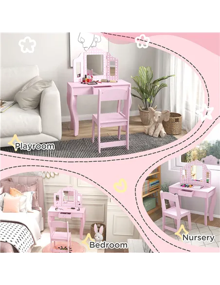 AIYAPLAY Kids Dressing Table Sets with Stool and Tri-Fold Mirror, Drawer for Playroom, Bedroom - Pink