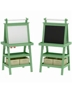 AIYAPLAY 3 in 1 Kids Easel Double-Sided Magnetic Whiteboard and Chalkboard with Paper Roll, Storage Baskets - Green