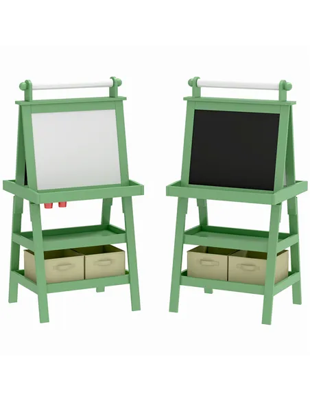 AIYAPLAY 3 in 1 Kids Easel Double-Sided Magnetic Whiteboard and Chalkboard with Paper Roll, Storage Baskets - Green