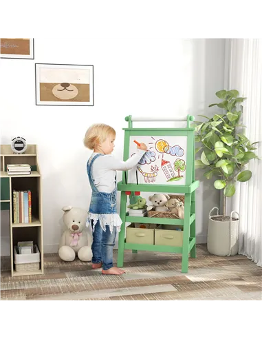 AIYAPLAY 3 in 1 Kids Easel Double-Sided Magnetic Whiteboard and Chalkboard with Paper Roll, Storage Baskets - Green