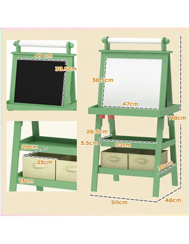 AIYAPLAY 3 in 1 Kids Easel Double-Sided Magnetic Whiteboard and Chalkboard with Paper Roll, Storage Baskets - Green
