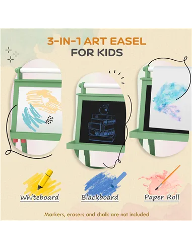AIYAPLAY 3 in 1 Kids Easel Double-Sided Magnetic Whiteboard and Chalkboard with Paper Roll, Storage Baskets - Green