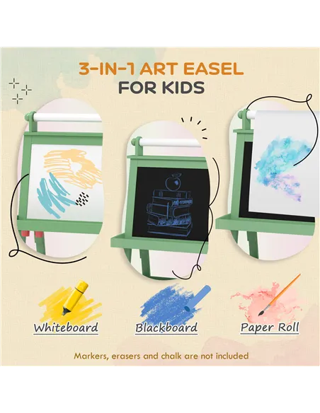 AIYAPLAY 3 in 1 Kids Easel Double-Sided Magnetic Whiteboard and Chalkboard with Paper Roll, Storage Baskets - Green