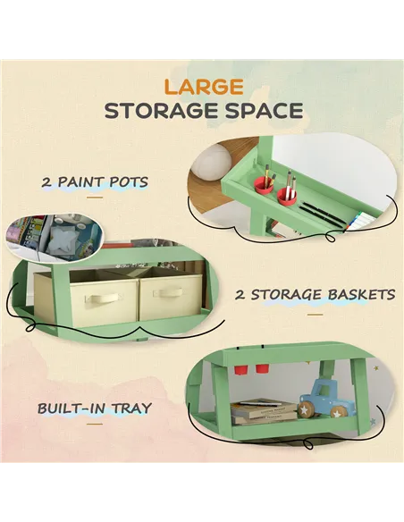 AIYAPLAY 3 in 1 Kids Easel Double-Sided Magnetic Whiteboard and Chalkboard with Paper Roll, Storage Baskets - Green