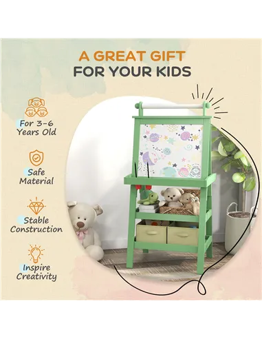 AIYAPLAY 3 in 1 Kids Easel Double-Sided Magnetic Whiteboard and Chalkboard with Paper Roll, Storage Baskets - Green