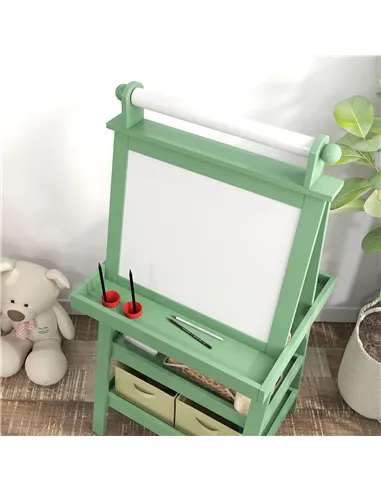 AIYAPLAY 3 in 1 Kids Easel Double-Sided Magnetic Whiteboard and Chalkboard with Paper Roll, Storage Baskets - Green