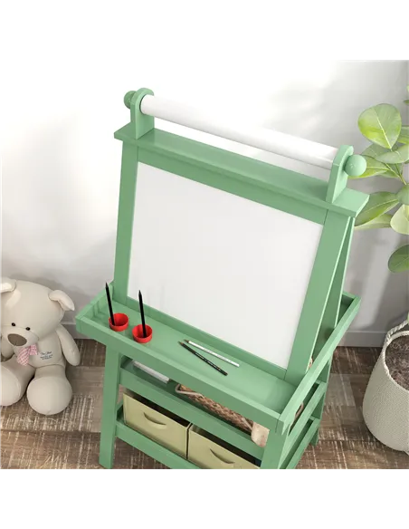 AIYAPLAY 3 in 1 Kids Easel Double-Sided Magnetic Whiteboard and Chalkboard with Paper Roll, Storage Baskets - Green