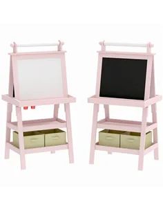 AIYAPLAY 3 in 1 Kids Easel Double-Sided Magnetic Whiteboard and Chalkboard with Paper Roll, Storage Baskets - Pink