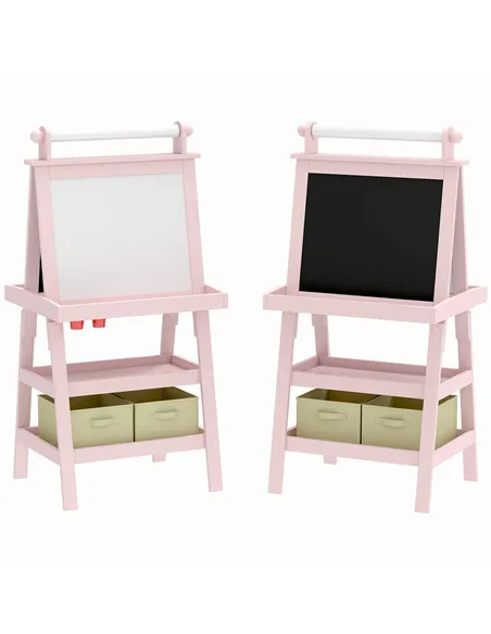 AIYAPLAY 3 in 1 Kids Easel Double-Sided Magnetic Whiteboard and Chalkboard with Paper Roll, Storage Baskets - Pink