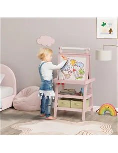 AIYAPLAY 3 in 1 Kids Easel Double-Sided Magnetic Whiteboard and Chalkboard with Paper Roll, Storage Baskets - Pink 2