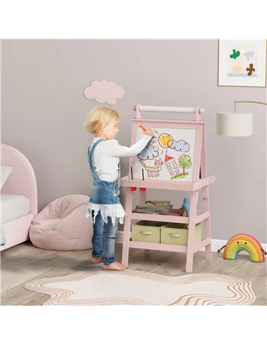 AIYAPLAY 3 in 1 Kids Easel Double-Sided Magnetic Whiteboard and Chalkboard with Paper Roll, Storage Baskets - Pink