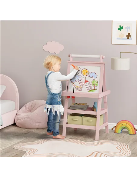 AIYAPLAY 3 in 1 Kids Easel Double-Sided Magnetic Whiteboard and Chalkboard with Paper Roll, Storage Baskets - Pink
