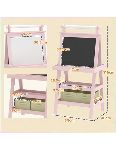AIYAPLAY 3 in 1 Kids Easel Double-Sided Magnetic Whiteboard and Chalkboard with Paper Roll, Storage Baskets - Pink